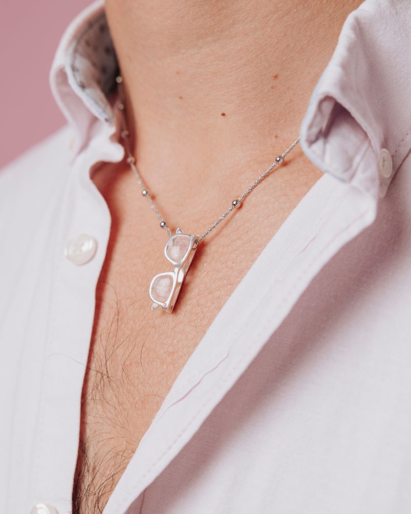 Detalles del colgante unisex de gafas y plata sostenible con la piedra rodocrosita ideal para hombres